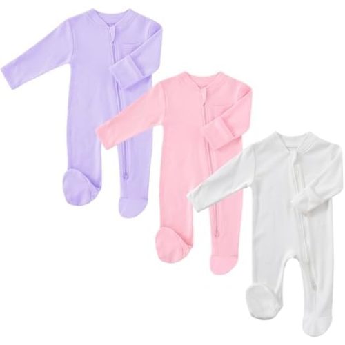 Baby 2 Way Zipper Girls Boys 100% Cotton Footed Sleep and Play with Mitten Cuffs 0-12 Months