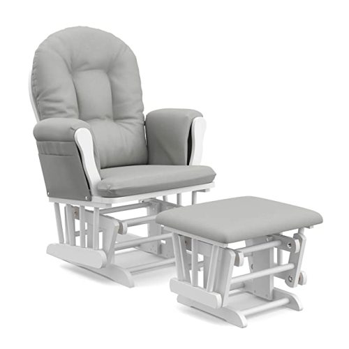 Storkcraft Premium Hoop Glider and Ottoman (White Base, Light Gray Cushion) – Padded Cushions with Storage Pocket, Smooth Rocking Motion, Easy to Assemble, Solid Hardwood Base