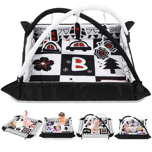 BALAPET Black and White Baby Gym Mat for Baby Floor Tummy Time, Soft Padded Play Activity Mat with 5 Toys for Toddlers & Infants, Washable Ball Pit for Early Sensory Exploration and Skill Development