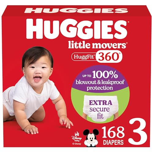 Huggies Size 3 Baby Diapers, Little Movers HuggFit 360° Baby Diapers with 360° Waistband, Size 3 (16-28 lbs), 168 Count (3 Packs of 56), Packaging May Vary