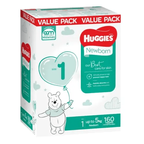 Huggies Nappies Mega Newborn Size 1 - 160 Pack | Baby Bunting AU