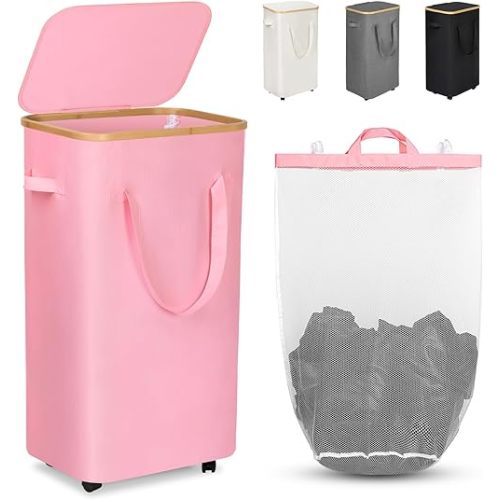 WELTRXE Laundry Basket with Wheels, 110L Large Rolling Laundry Hamper with Lid and Removable Wash Bags, Collapsible Laundry Basket for Corner, Dorm, Laundry Room, Bedroom, Slim Laundry Basket, Pink