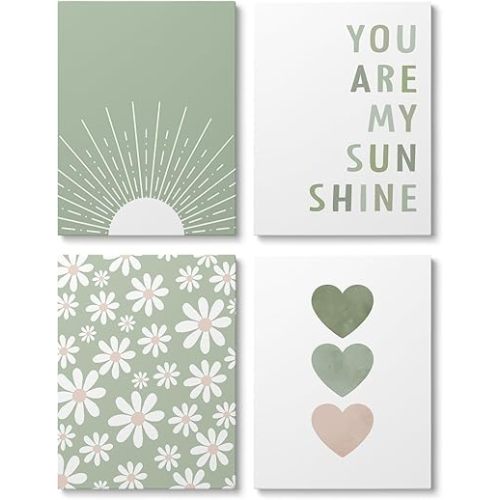 XWELLDAN Boho Sage Green Nursery Wall Art Decor Canvas Decor 11x14 Set of 4, You are My Sunshine Wall Decor, Boho Nursery Decor for Girl, Baby Girl Nursery Wall Decor, Framed