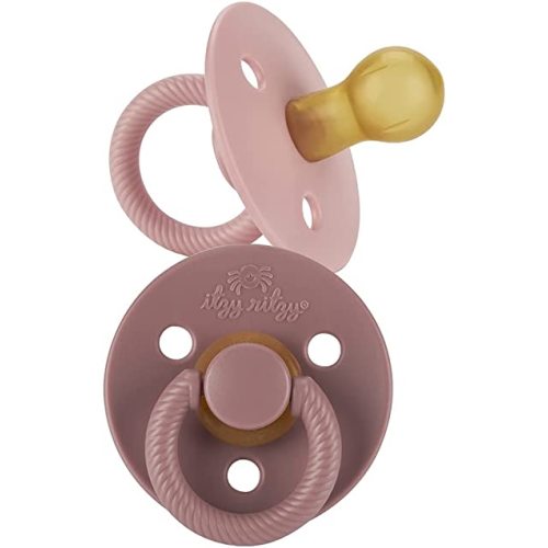 Itzy Ritzy Natural Rubber Pacifiers, Set of 2 – Natural Rubber Newborn Pacifiers with Cherry-Shaped Nipple & Large Air Holes for Added Safety; Set of 2 in Blossom & Rosewood, Ages 0 – 6 Months
