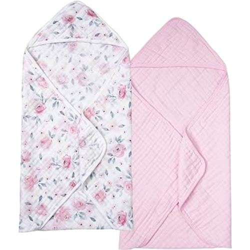 PHF 2 Pack Baby Hooded Towels, 100% Muslin Cotton Baby Bath Towel with Hood for Newborn, Infant, Toddler, Ultra Soft and Absorbent Baby Essentials Bath Towels for Girls, 32x32Inch, Floral