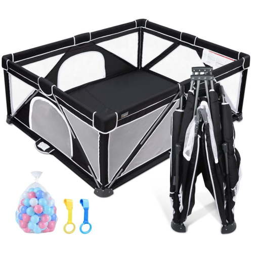ANGELBLISS Baby Playpen, Foldable Playpen for Babies and Toddlers, Indoor & Outdoor Baby Activity Center with Visible Breathable Mesh, Portable Play Yard with 2 Handlers+50 Balls-59”×71”(Black)
