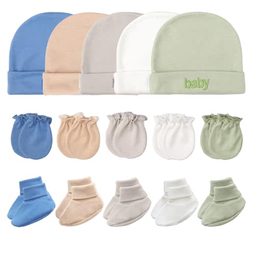 Newborn Baby Hats Mittens and Socks Set Cotton Infant Beanie Cap Socks Mittens for Newborn Baby Boy Girl 0-6 Month