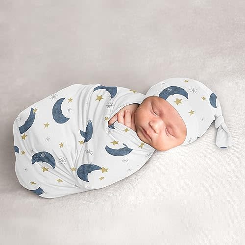 Sweet Jojo Designs Moon Star Baby Boy Girl Cocoon and Beanie Hat Set Jersey Stretch Knit Sleeping Bag Infant Newborn Nursery Sleep Wrap Sack - Navy Blue Gold Watercolor Celestial Sky Gender Neutral