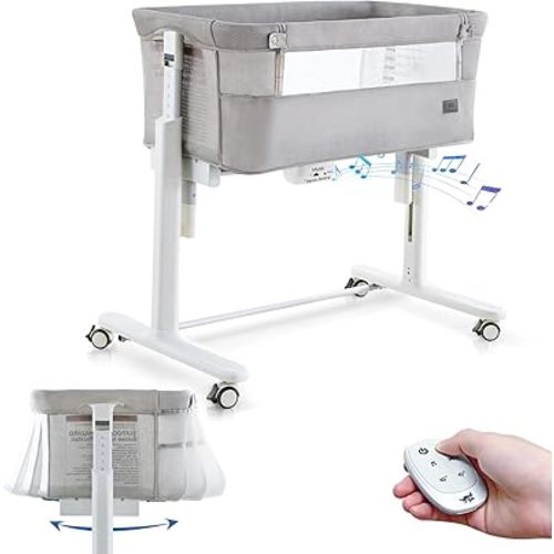 Rocking Bassinet for Baby Automatic Bedside Bassinet Electric Baby Cradle 5 Heights Adjustable Bedside Sleeper for Babies Infant Smart Auto Rocking Crib 3 in 1 Bassinet on Wheels, Light Grey