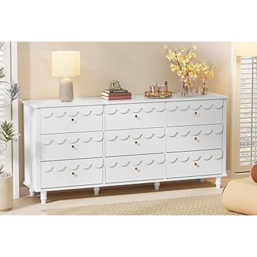 Anbuy White 9 Drawer Dresser for Bedroom, Modern Wide Long Scalloped Chest of Drawers, Organizer Storage with Drawers, Fluted Petal Pattern Large Storage Cabinet for Bedroom, Living Room, Porch