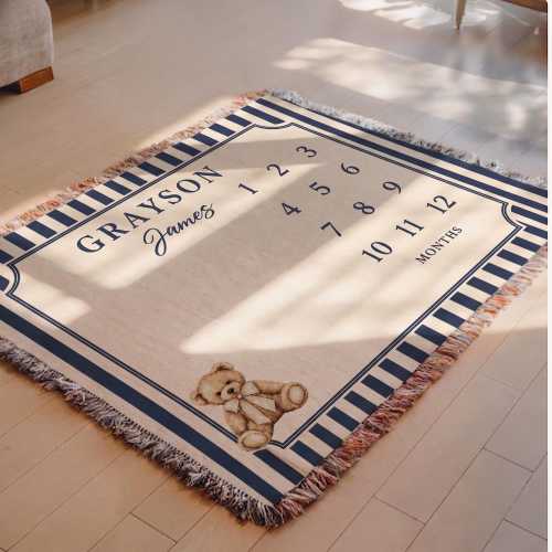 Personalized Baby Milestone Blanket Teddy Bear, Custom Name Month Blanket for Baby Boy, Newborn Growth Tracker, Baby Shower Gift, Navy Blue