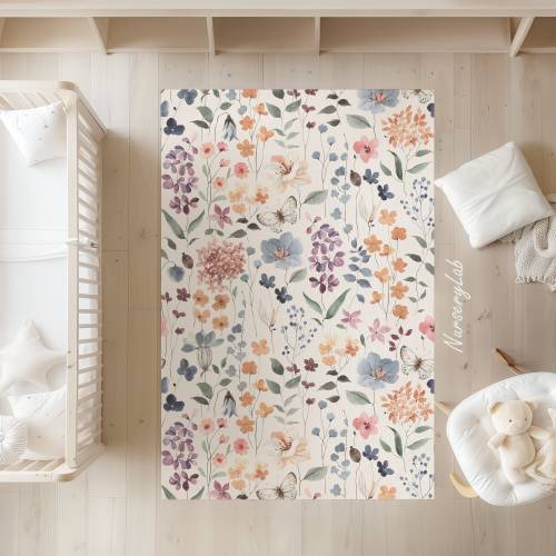Watercolor Wildflower Nursery Rug: Soft, Non-Slip Kids Play Area