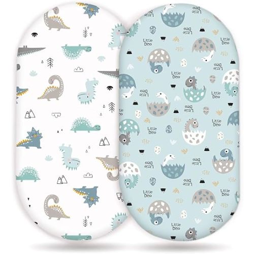 GRSSDER Stretchy Ultra Soft Fitted Bassinet Sheet Set 2 Pack, Universal Fit for Bassinets Baby Cradle Moses Basket Oval Rectangle Pad/Mattress, Happy Dinosaurs Bassinet Sheets for Girls and Boys