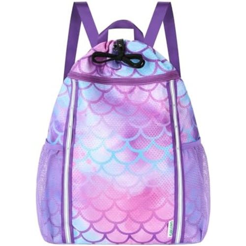 WAWSAM Kids Gym Drawstring Backpack String Bag, Mermaid Sports Gym Bag for Kids Girls Waterproof Swimming Beach String Cinch Backpack with Two Water Bottle Pocket