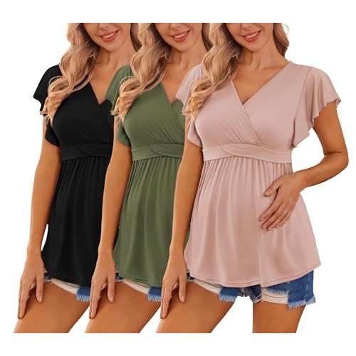 Ekouaer Maternity Shirts 3 Packs Flying Short Sleeve Nursing Tops Pregnancy Clothes