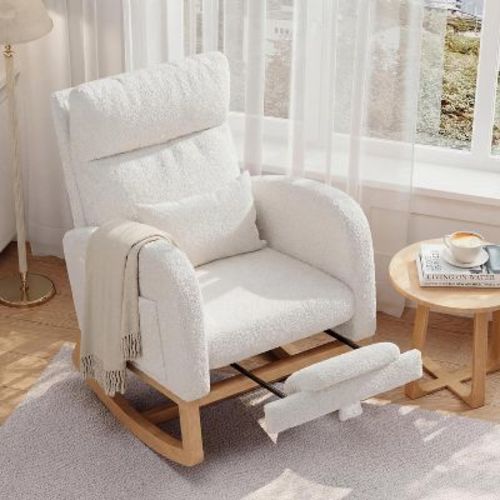 Modern Nursery Rocking Chair, Boucle Upholstered Rocking Chair, Comfortable Rocker Recliner with Side Pocket, Rocker Glider for Living Room, Bedroom