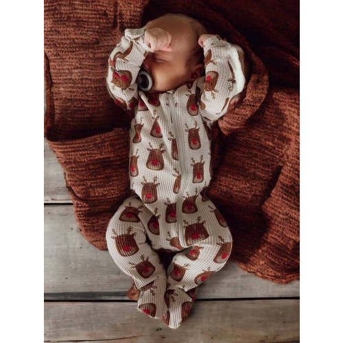 Organic Waffle Basic Zip Footie, Reindeer
