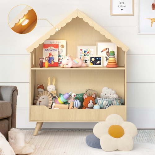 Curipeer 2-Tier Kids Bookshelf, Toy Storage Organizer with Motion-Activated Light, Natural Wood