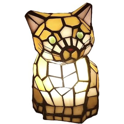 Bieye L10211 Cute Cat Waits for Someone to Play with Tiffany Style Stained Glass Accent Table Lamp Night Light for Home Decoration (One Cat, Yellow)