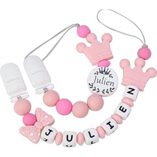 Personalized Pacifier Clip with Name, Customizable Pacifier Clip (2 Pack) (Crown-Pink)