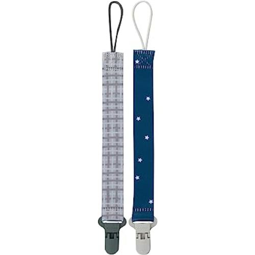 Nuby Pacifinder Baby Pacifier Clip - (2-Pack) - Pacifier Holder Clip with Convenient Hook Loop - Gray Plaid and Blue Stars
