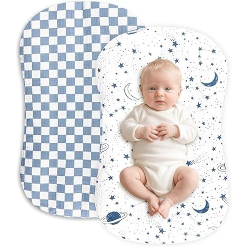 Hooyax Muslin Baby Lounger Cover 2 Pack - 100% Breathable Cotton Soft Infant Lounger Covers, Fits Most Standard Newborn Loungers & Pillows (Blue Checker+Star)