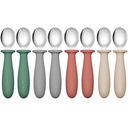 DRKIO 8 PCS Toddler Spoons Set - Baby Spoons with Silicone Handle Children safe 18/8 Stainless Steel Toddler Utensils Set for Self Feeding Kids Silverware Anti-Choke Design Food Grade Dishwasher Safe