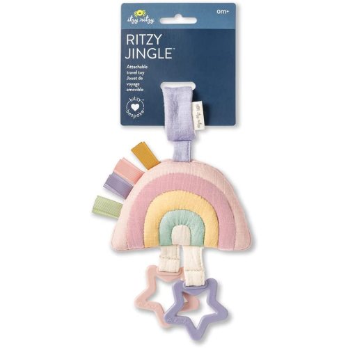 Itzy Ritzy Jingle Travel Toy for Stroller, Car Seat or Activity Gym - Baby Hanging Toy Features Jingle Sound, Clinking Rings & Adjustable Attachment Loop (Pastel Rainbow)