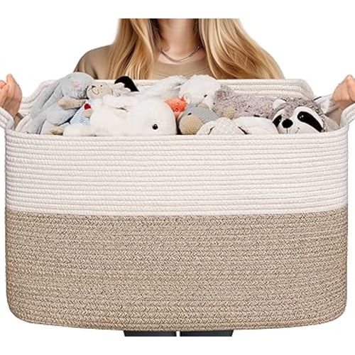 CHICVITA Large Blanket Basket, Rope Baskets for Storage, Rectangle Baby Toy Baskets for Organizing, Woven Storage Basket for Bedroom, Living Room, 24" x 16" x 14", Light Brown