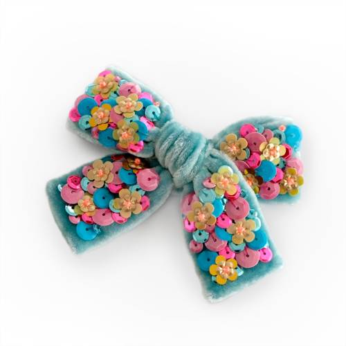 Blue Silk Velvet Hair Bow with Sequins - Beaded Flower Hair Bow for Girls
