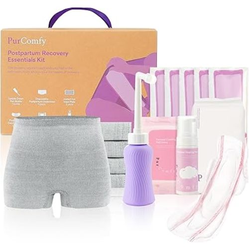 Postpartum Essentials Recovery Kit, Includes Disposable Underwear, Perineal Healing Pad Liners, Perineal Healing Foam, Instant Ice Pads, Upside Down Peri Bottle and Postpartum Pads - 18 Pcs