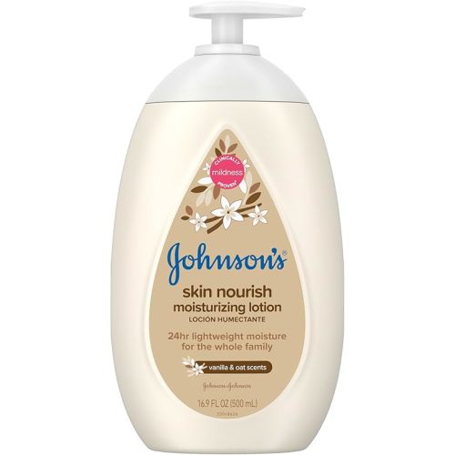 Johnson's Skin Nourish Moisturizing Baby Lotion for Dry Skin with Vanilla & Oat Scents, Gentle & Lightweight Body Lotion for the Whole Family, Hypoallergenic, Dye-Free, 16.9 fl. oz