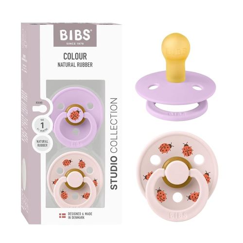 BIBS Colour Studio Soother 2-Pack, BPA Free Dummy Pacifier, Round Nipple. Natural Rubber Latex, Made in Denmark, Size 1 (0-6 Months), Violet Sky/Petal