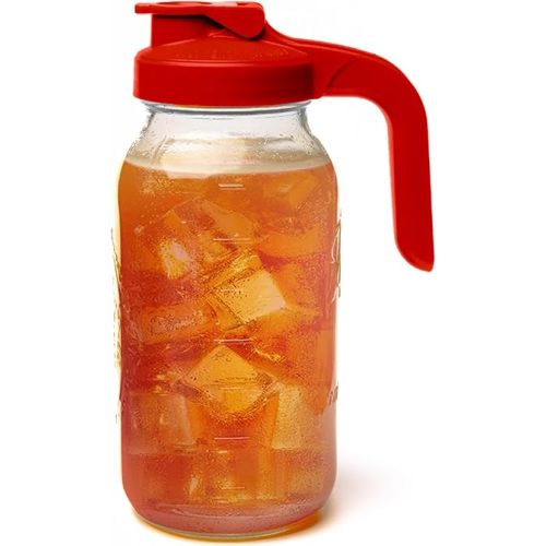 County Line Kitchen Glass Mason Jar Pitcher with Lid - Wide Mouth, 2 Quart (64 oz) - Heavy Duty, Leak Proof - Sun & Iced Tea Pitcher, Cold Brew Coffee, Breast Milk Storage, Water - Red