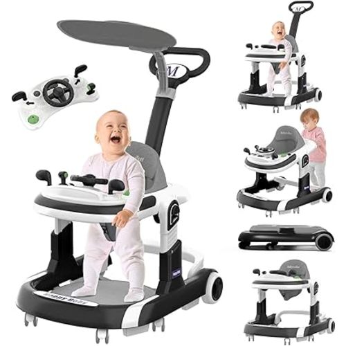 Baby Walker, 5 Modes Foldable Baby Walker with Wheels, Music, 4-Height Baby Toddler Walker with Push Handle, Baby Bouncer, Food Tray, Sunshade, Baby Walkers for Babies 6-12 Months Boys Girls (Black)