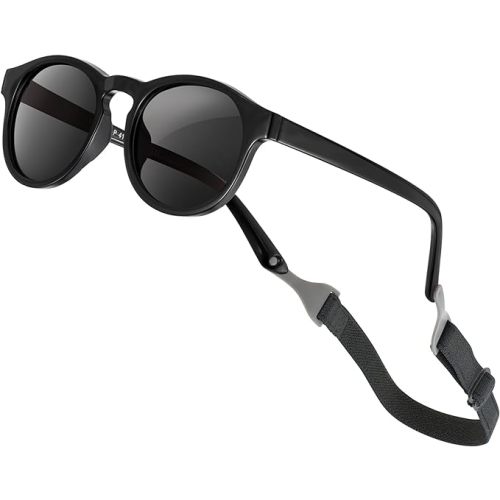 Baby Sunglasses with Strap Polarized Flexible UV400 for Infant Toddler Boys Girls Age 0-24 Months - Black - Round