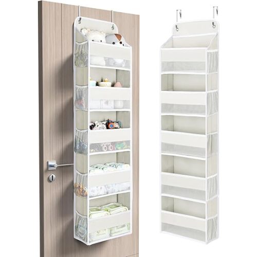 Yecaye 5 Tier Over the Door Organizer, 44lbs Load Toy Stuffed Animal Storage 10 Side Pockets, Bathroom Organizers and Storage for Nursery Newborn Baby Essential Stuff Dorm Room Essentials, Cream White