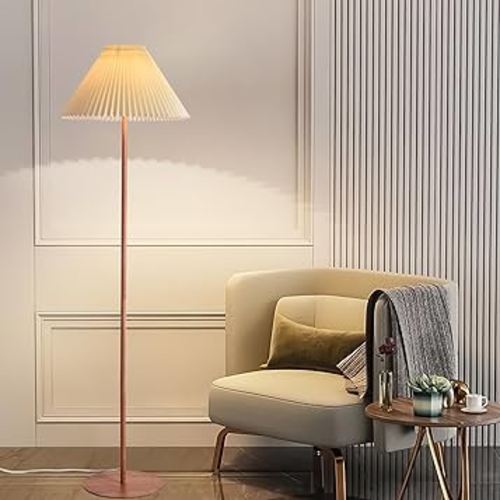 Pleated Floor Lamp, Wood Grain Farmhouse Floor Lamp with Pleated Shape, Vintage Floor Lamp Standing Lamp Tall Lamp for Living Room, Office, Bedroom, Reading
