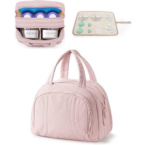 Wearable Breast Pump Bag Compatible with Momcozy and Eufy, Portable Pumping Bag with Cooler Compartment, Breast Pump Carrying Case with Drying Mat for Work, Travel and Family Use, Pink