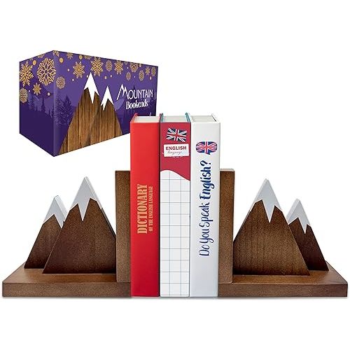 Decorably Dark Walnut Mountain Book Ends for Kids Room - 1 Set Non-Skid Wooden Mountain Bookends for Shelves, Kids Book Ends Wood