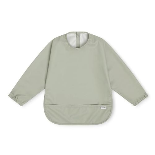 Lalo Smock Bib - Long Sleeve Baby Bib, Elastic Cuffs for Comfort, Large Catch-All Pocket, Waterproof Recycled Polyester - Durable Baby Smock Bib for Mealtime & Playtime - Ages 6-24 Mo. - Sage