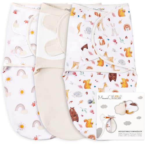 Mama Cheetah Baby Swaddle Sack, Organic Cotton Swaddle Blanket, Adjustable Swaddle Sleep Sacks, Easy Swaddles for Boy Girl 0-3 Month, Baby Essentials, 3-Pack, Sunshine & Rainbow