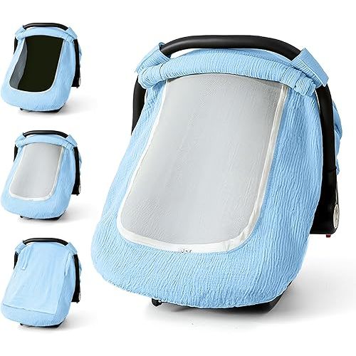 Muslin Cotton Car Seat Cover Baby, Universal Fit Carseat Cover for Baby, Infant Car Seat Cover with Mesh Peep Window, Baby Car Seat Cover for Carrier, Stroller, High Chair, Shopping Cart (Blue)