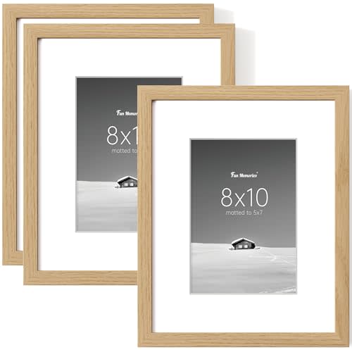 Fun Memories 8x10 Picture Frame Set of 3, Display Pictures 5x7 with Mat or 8x10 Without Mat, 8x10 Frame for Photos, Posters & Art Prints, Gallery Photo Frames for Wall & Tabletop Display, Natural
