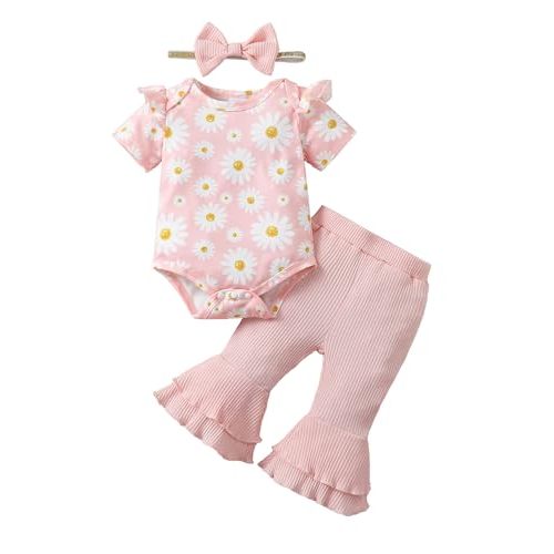 SUNNY PIGGY Baby Girl Clothes Ruffle Short Sleeve Romper Long Pants Set with Headband Newborn Infant Outfits