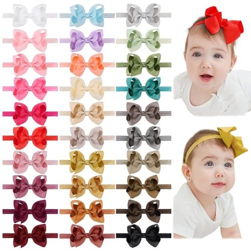 jollybows 30pcs Baby Girls Grosgrain Ribbon Hair Bows Headbands 4" Elastic Hair Band Hair Accessories for Infants Newborn- Natural Color Set