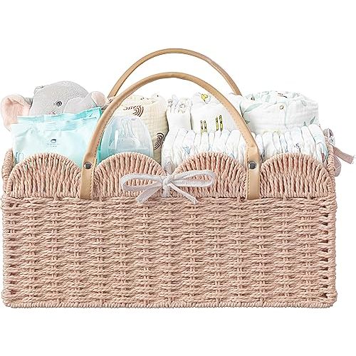 HBlife Baby Diaper Caddy, Paper Rope Storage Baskets Nursery Bin with Removable Divider, Portable Car Organizer for Diapers, Baby Shower Gifts, Newborn Essentials Must Haves