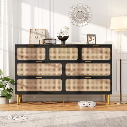 GarveeHome Rattan 6 Drawer Dresser for Bedroom, Large Double Dresser with Deep Drawers, Wooden Chest of Drawers for Closet with Wide Top, for Living Room, Hallway, Kids Room, Natural