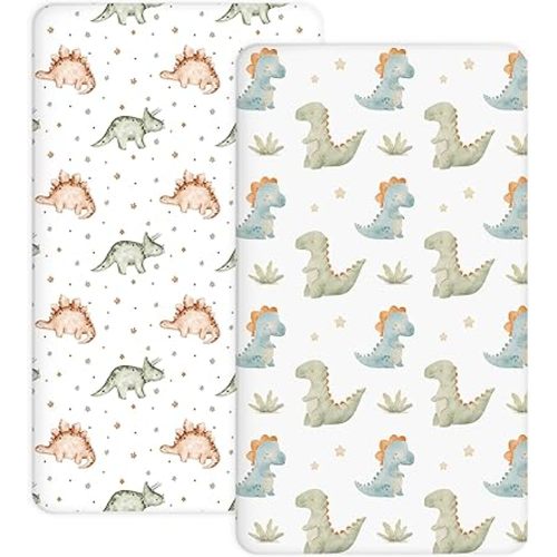 Pack and Play Sheets 2 Pack, Fitted Jersey Knit Mini Crib Sheets for Baby Boys and Girls, Compatible with Graco Pack N Play and Mini Crib Mattress (Pank N Play/Mini Crib Sheets, Tiny Dinos)
