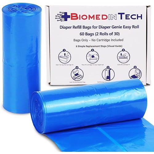 Diaper Refill bags for Diaper Genie Easy Roll – 60 Bags (2x30) – Bags Only, No Cartridge – Max Odor Control – 100% Compatible with Platinum & Signature Pails, Holds 2820 Newborn Diapers
